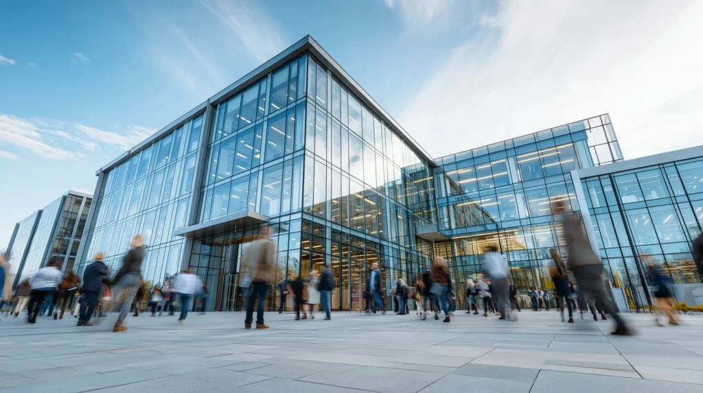 Blurred motion of business people walking in front of a modern glass office building